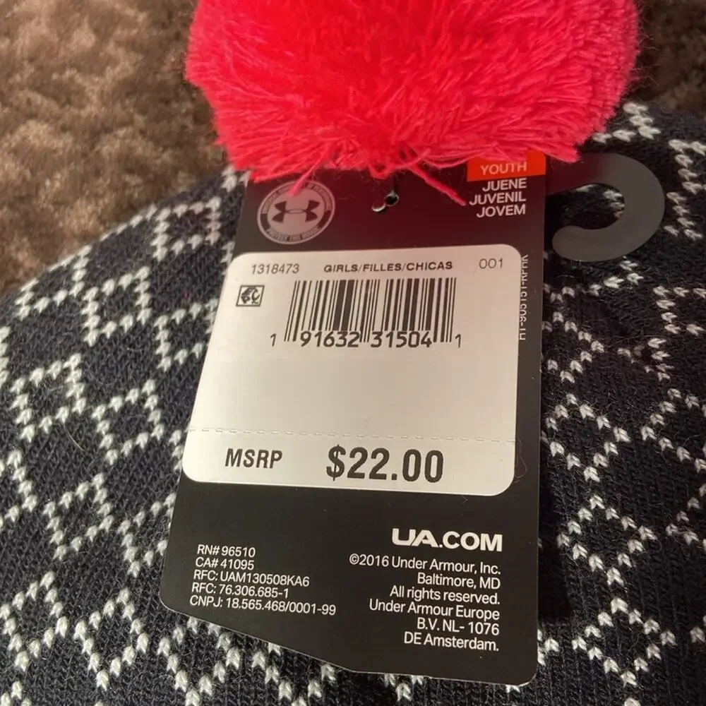 Under Armour Girls Black-Pink-Pom hat.‎